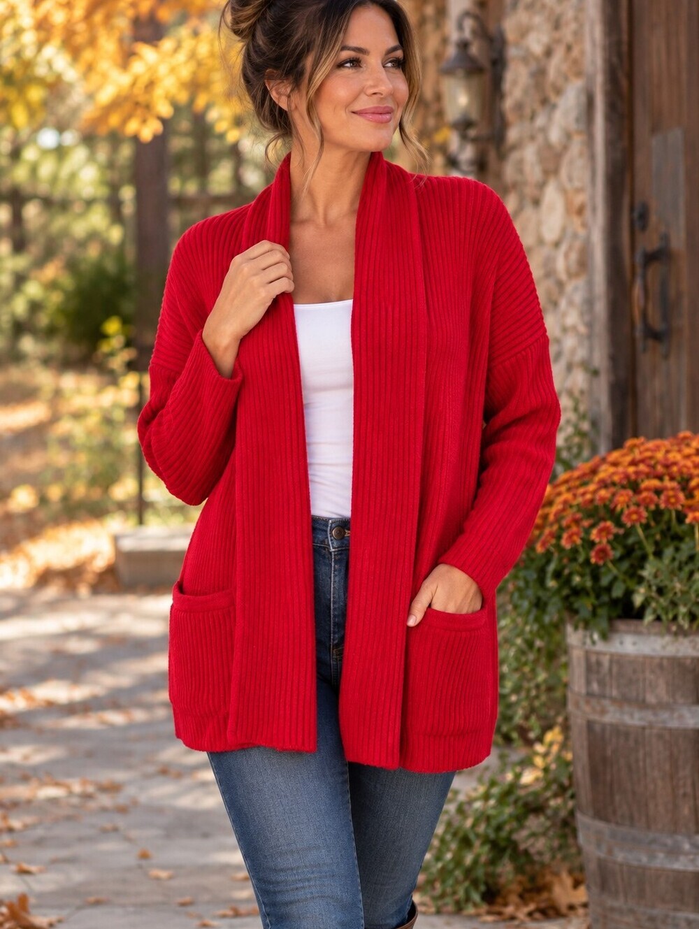 Linda Allard Ellen Tracy Merino Wool Ribbed Cardigan Red Open Front Small U.S.A.